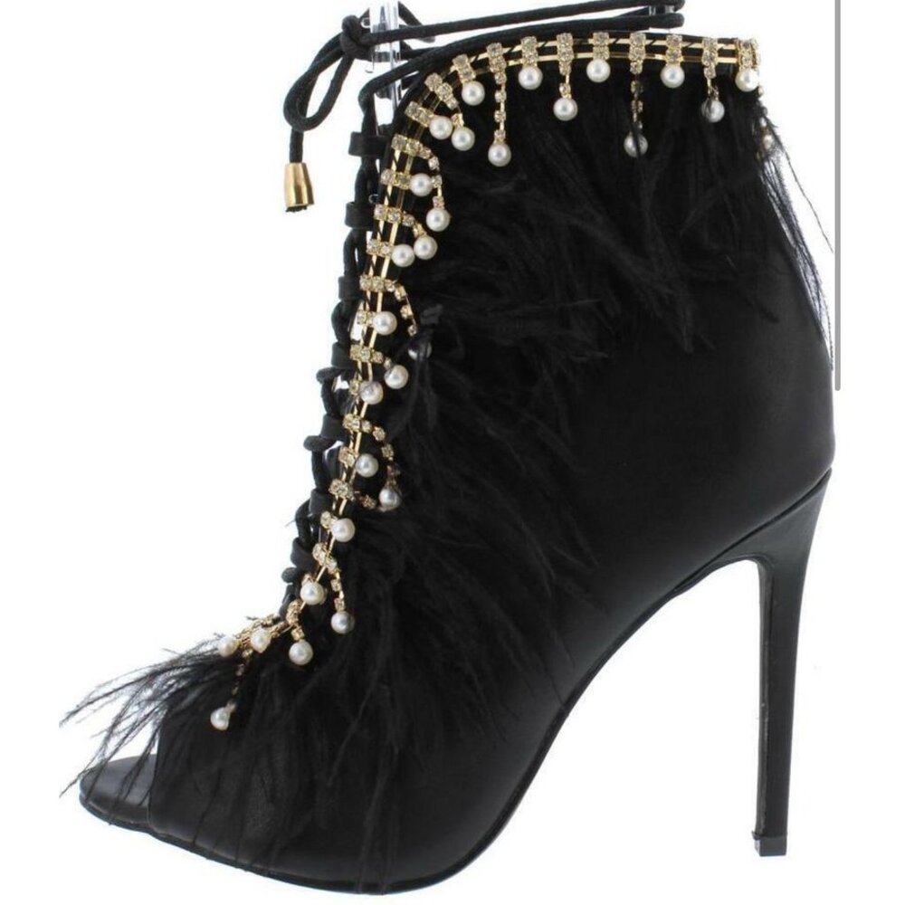 Feather Rhinestone Sexy Lace Heels Jubilee Ankle Bootie Black Peep Toe Pearl 7.5 - Picture 2 of 11